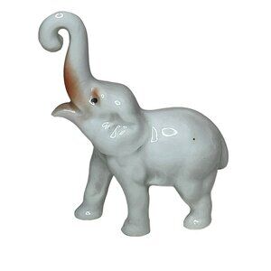 Vintage White Ceramic Elephant Trunk Up Lucky Elephant Japan